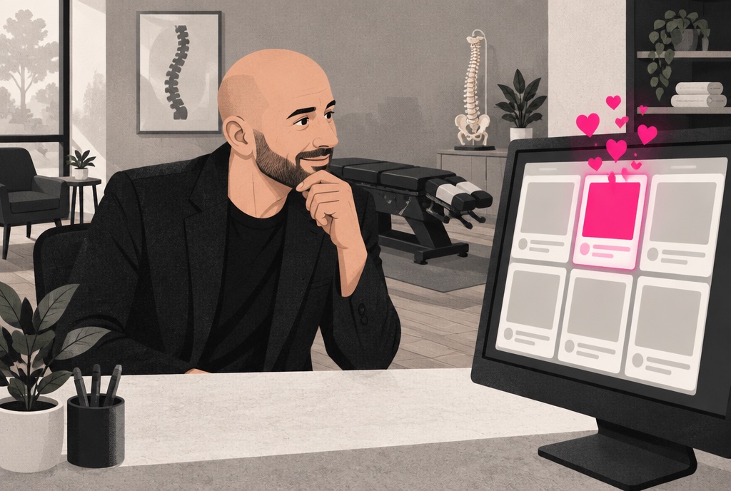 Ben at the front desk of his chiropractic office, watching one post on his screen light up with pink hearts