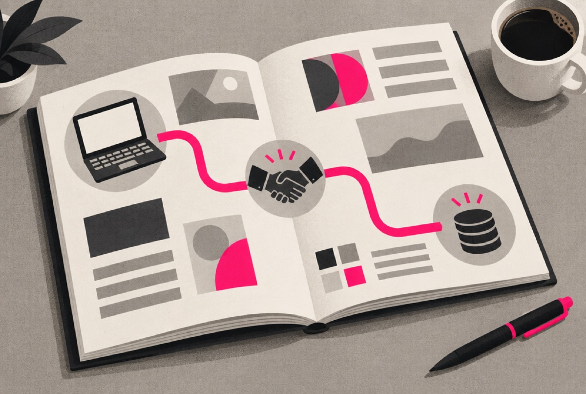 An open guide book with a pink path running from a laptop to a handshake to a stack of coins