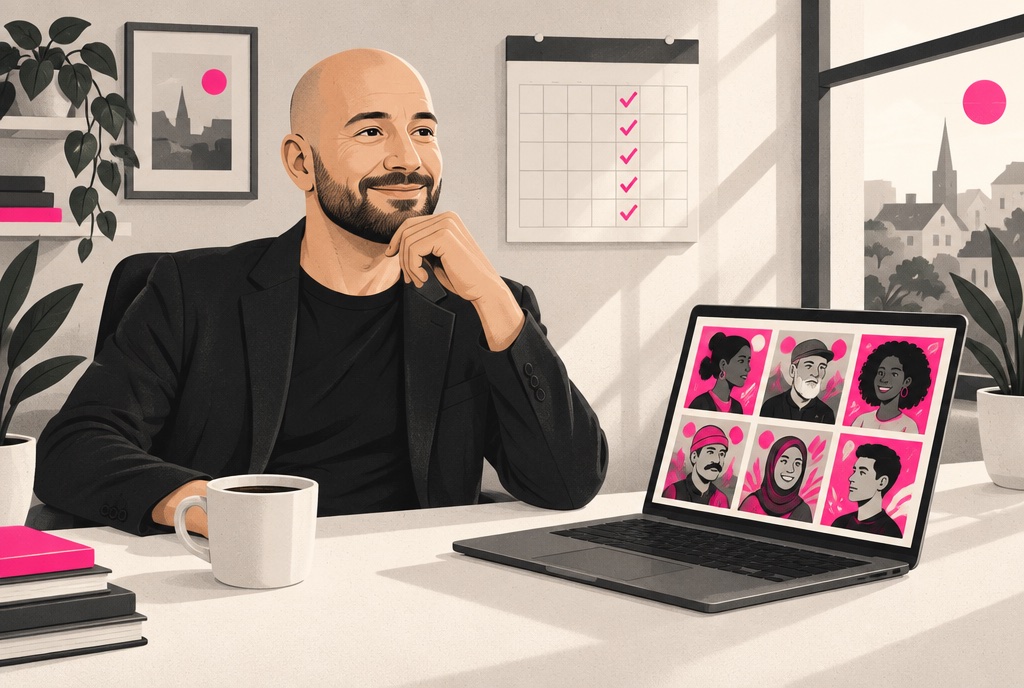 Ben relaxed at his desk, a laptop full of finished thank you graphics and a calendar with pink check marks
