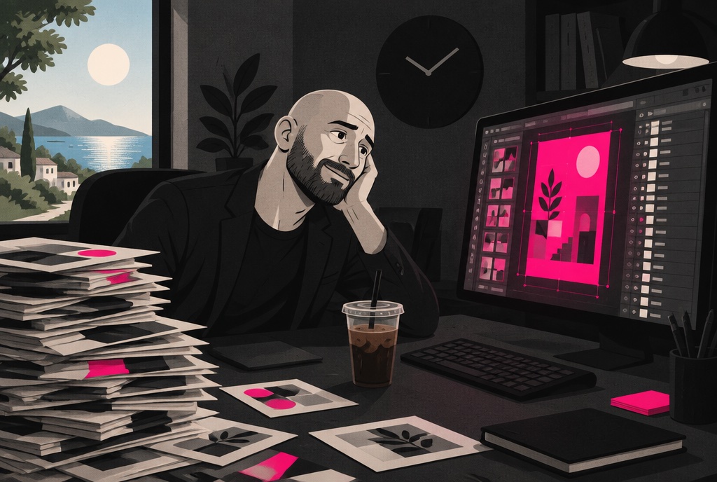 Ben slumped at his desk late at night over a cluttered design app, with a stack of unfinished graphics beside him