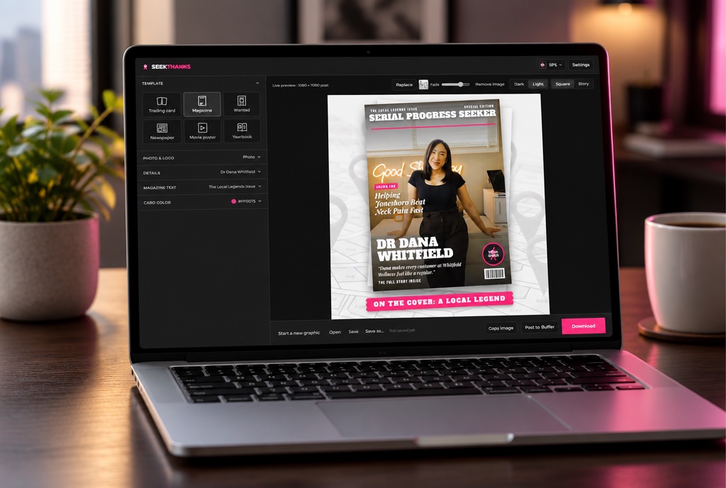 SeekThanks open on a laptop, showing a magazine cover graphic of a local business owner